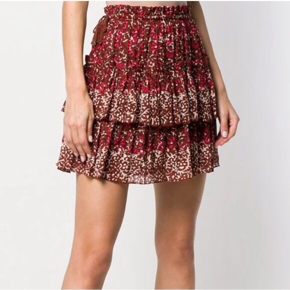 ULLA JOHNSON Asha Mini Skirt Floral Ruffle Tiered Drawstring Boho in Henna